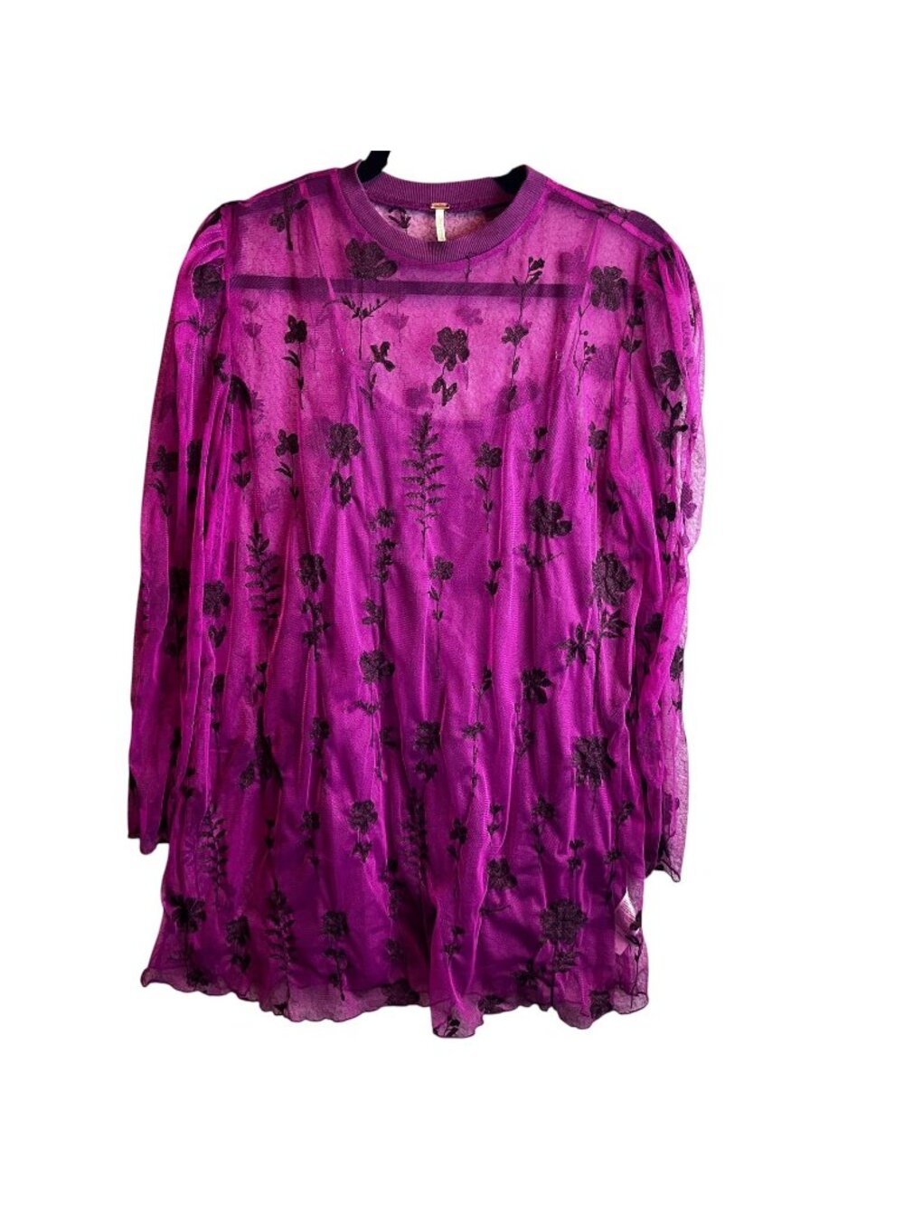 Free People Cecilia Dress Womens M Fuchsia Sheer Mesh Floral Embroidered Boho